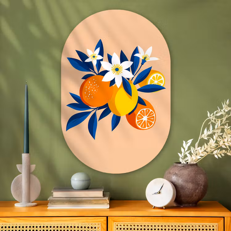 Wandoval Glas – Illustratie - Sinaasappels - Donkerblauw - Bloemen — 2