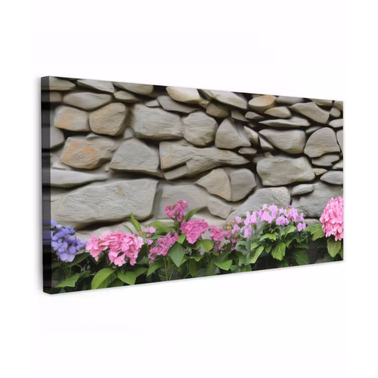 Buiten canvas - Hortensia’s - Stenen - Muur - Bloemen — 1