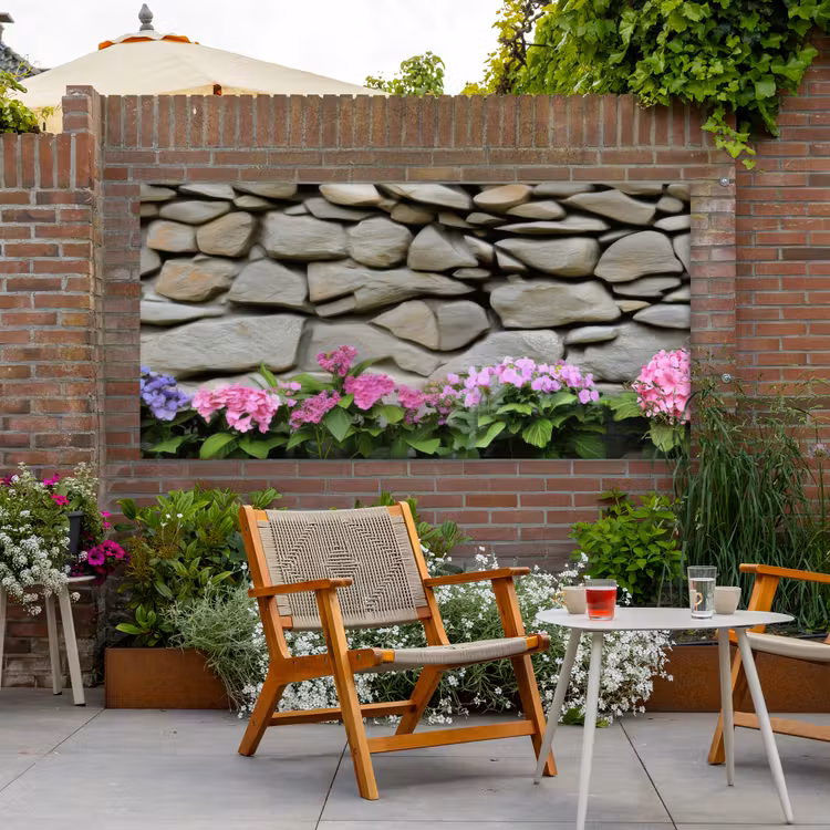 Buiten canvas - Hortensia’s - Stenen - Muur - Bloemen — 2