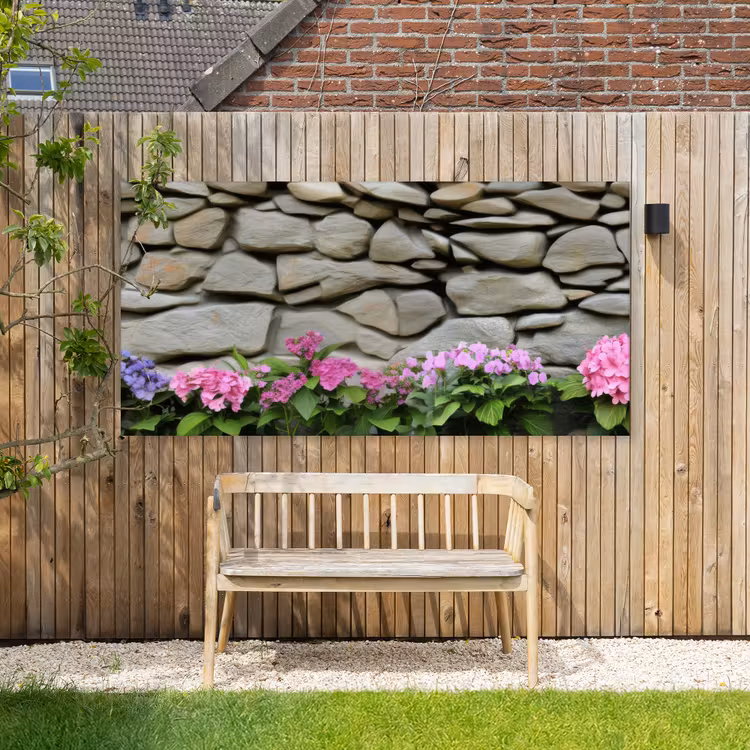 Buiten canvas - Hortensia’s - Stenen - Muur - Bloemen — 3