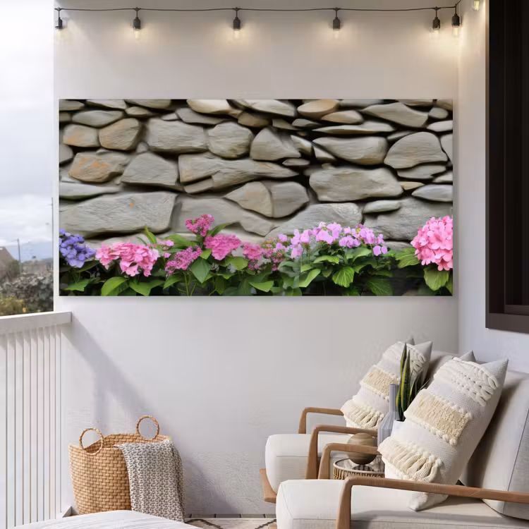Buiten canvas - Hortensia’s - Stenen - Muur - Bloemen — 4