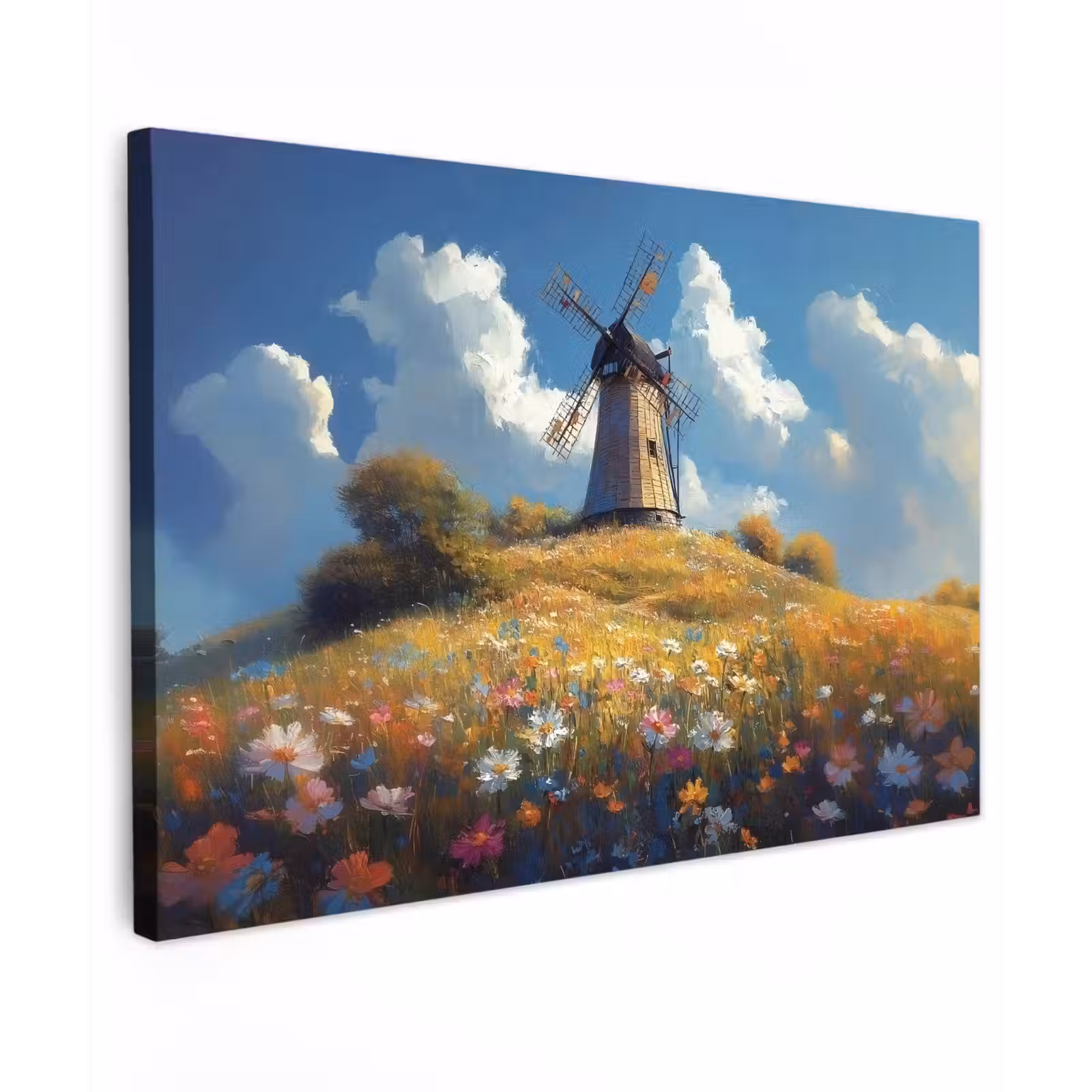 Buiten canvas - Windmolen - Heuvel - Bloemen - Kleurrijk — 1