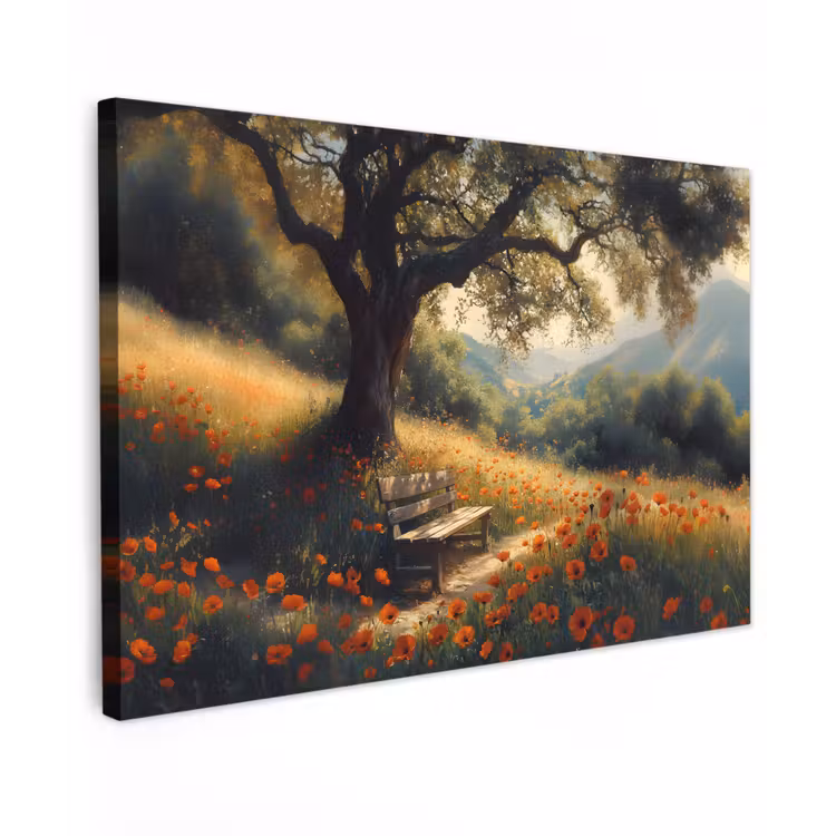 Buiten canvas - Bankje - Boom - Klaprozen - Heuvels — 1