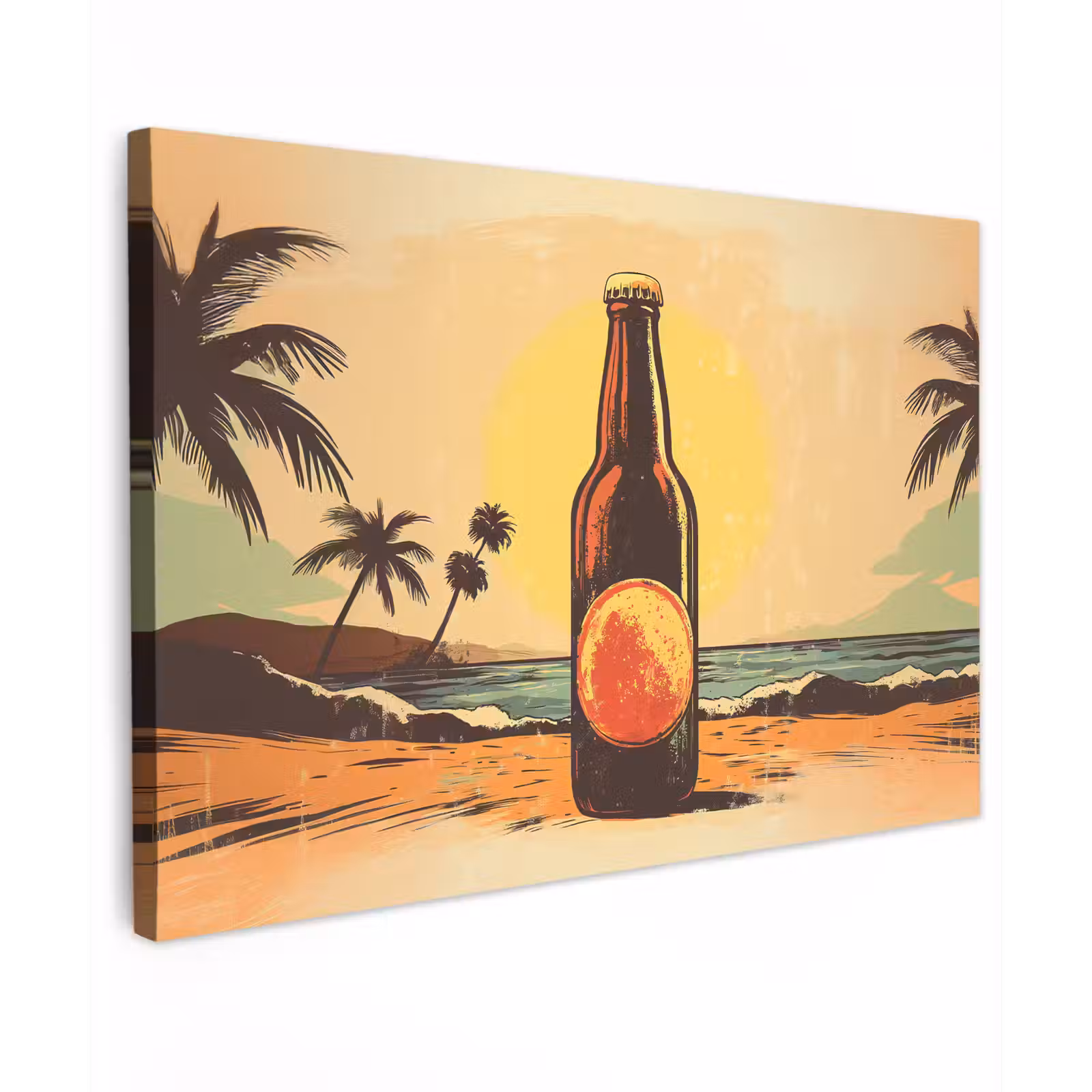 Buiten canvas - Bierfles - Zonsondergang - Palmbomen - Zee — 1