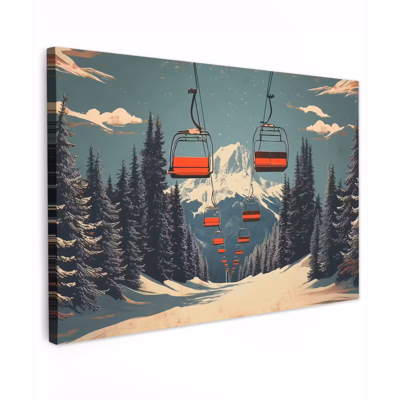 Buiten canvas - Sneeuw - Skilift - Rood - Bomen — 1