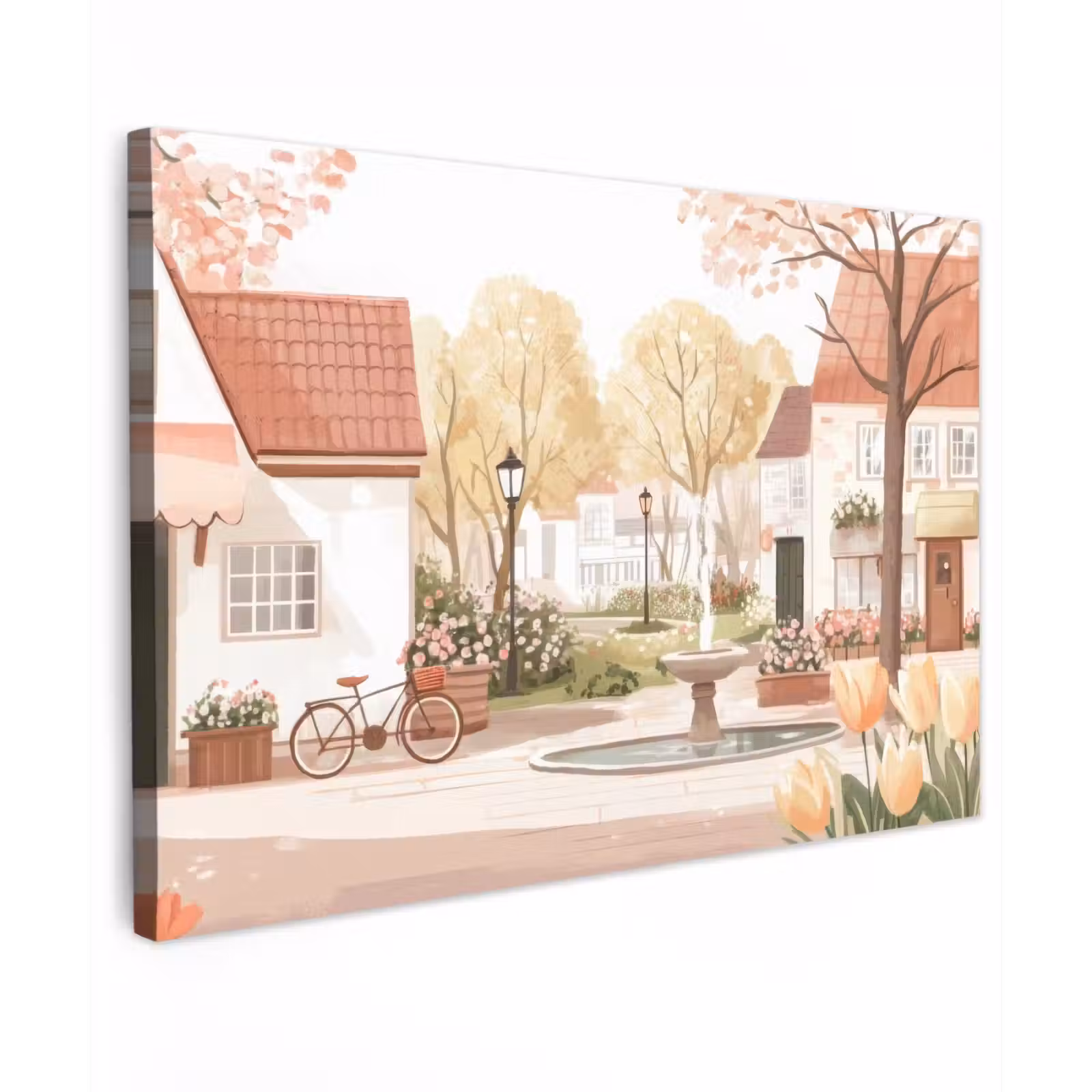 Buiten canvas - Dorpsplein - Fontein - Tulpen — 1