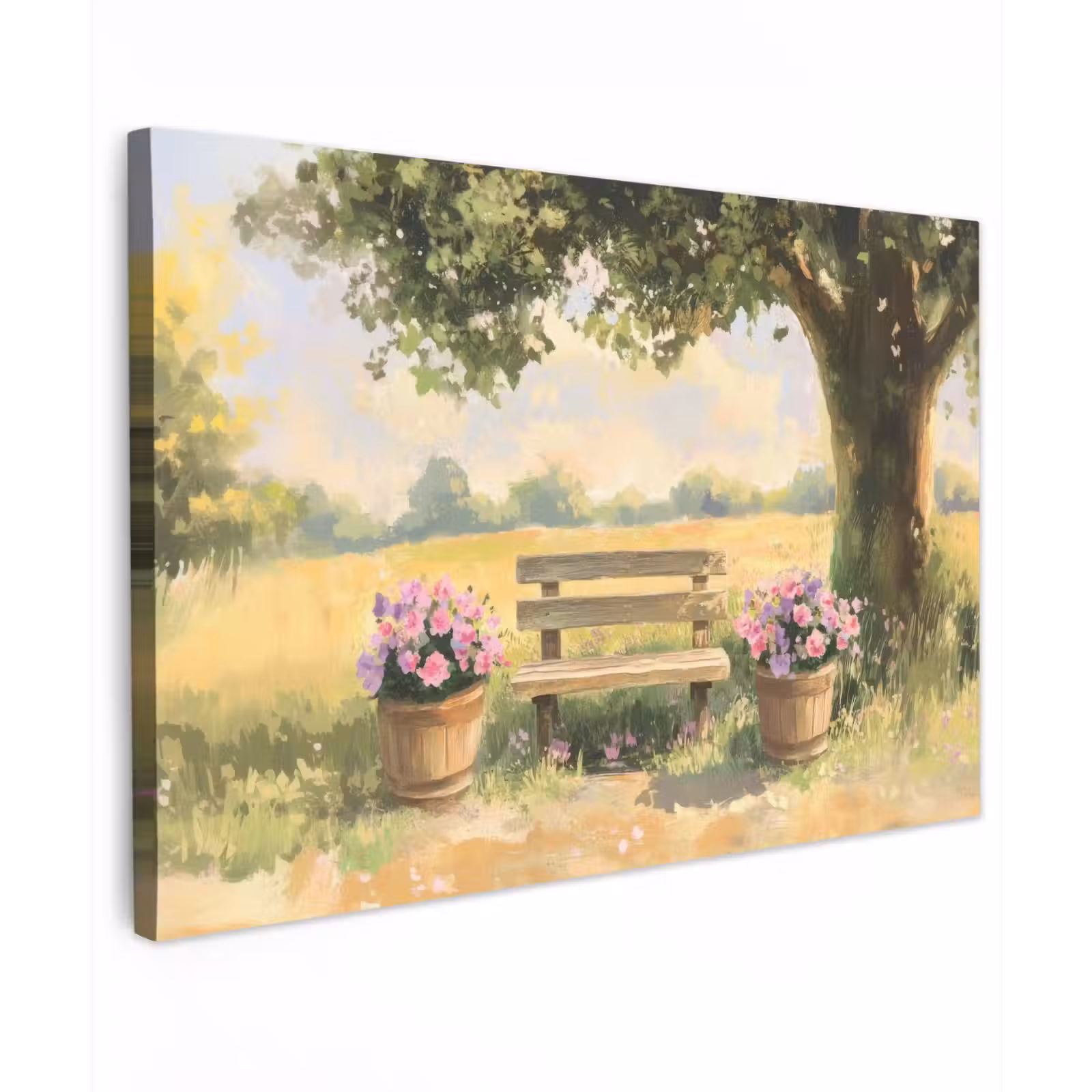 Buiten canvas - Houten bankje - Bloempotten - Landschap — 1