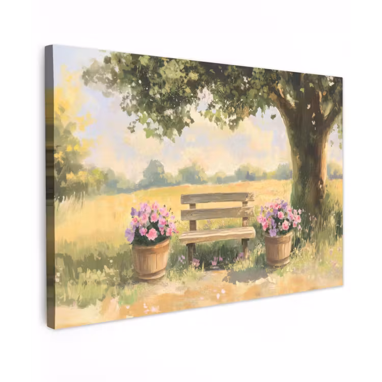 Buiten canvas - Houten bankje - Bloempotten - Landschap — 1