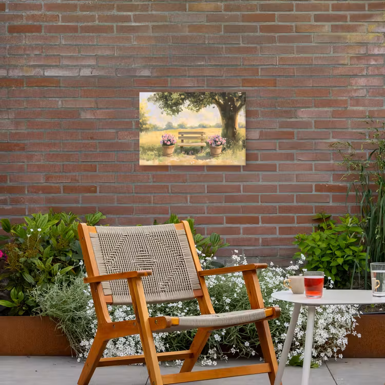 Buiten canvas - Houten bankje - Bloempotten - Landschap — 2