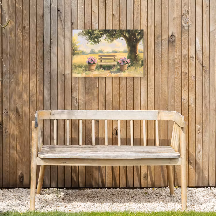 Buiten canvas - Houten bankje - Bloempotten - Landschap — 3