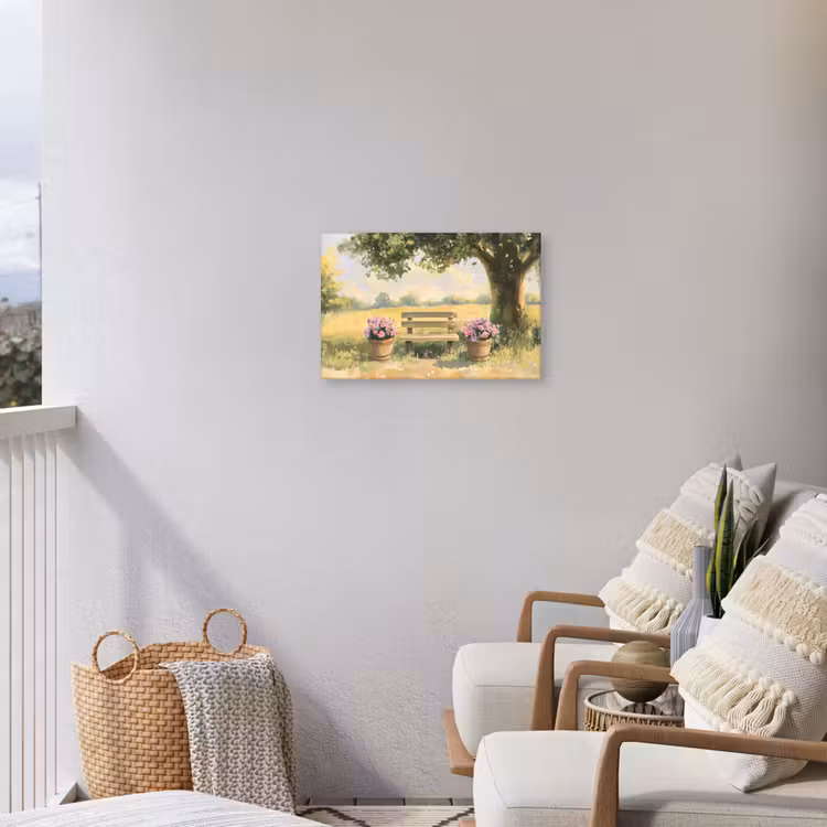 Buiten canvas - Houten bankje - Bloempotten - Landschap — 4