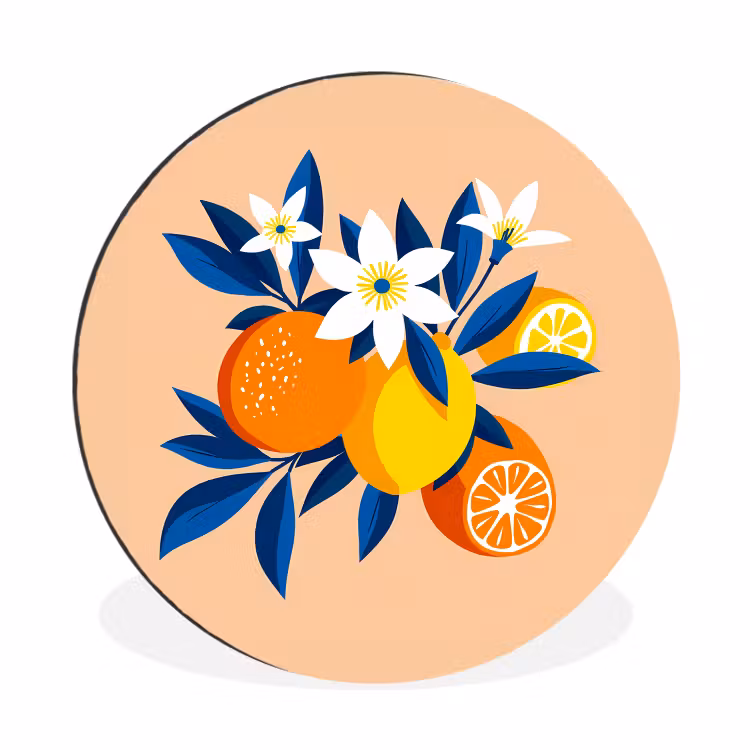 Wandcirkel - aluminium - Illustratie - Sinaasappels - Donkerblauw - Bloemen — 1