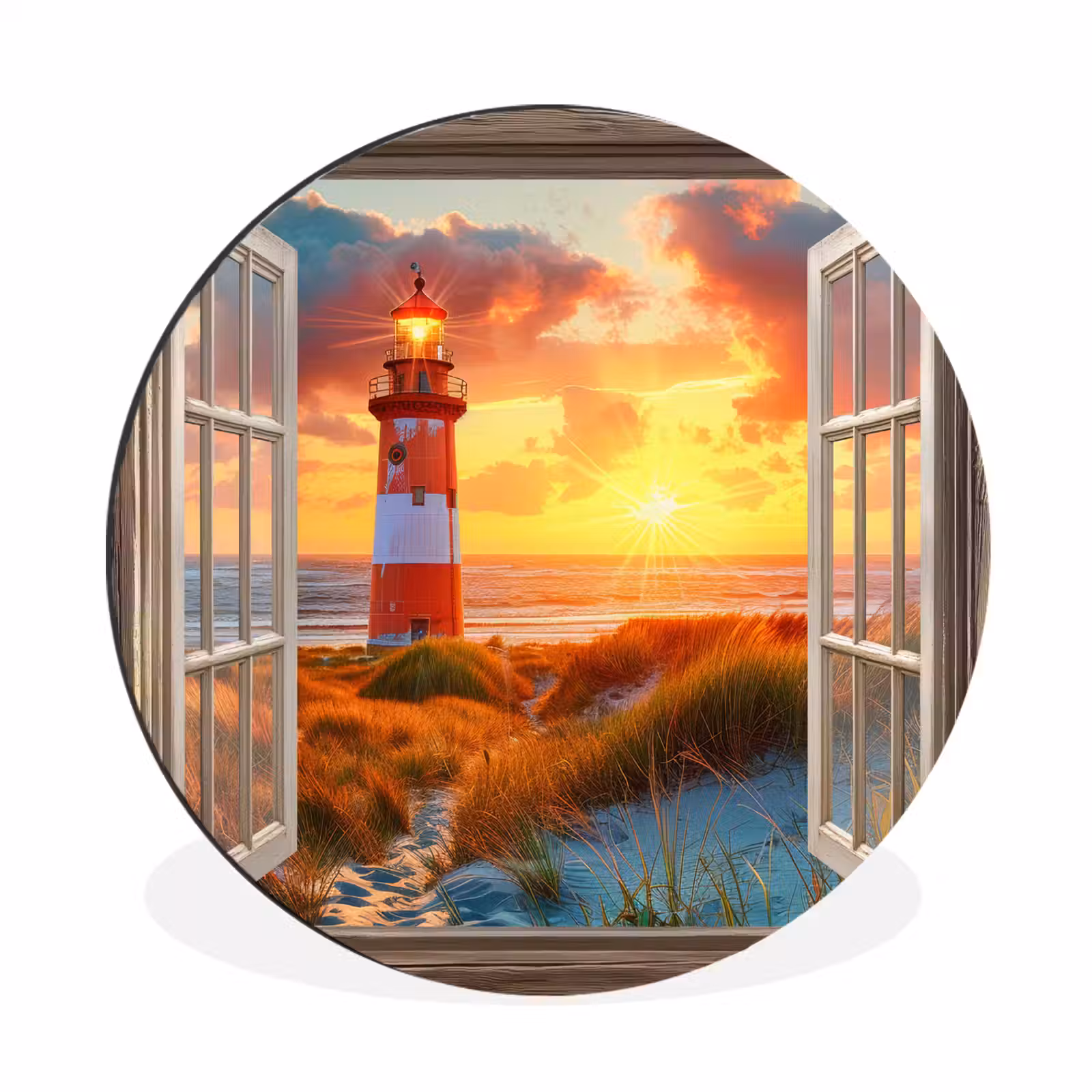 Wandcirkel - aluminium - Doorkijk - Raam - Vuurtoren - Zonsondergang - Strand — 1