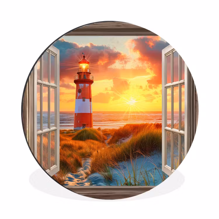 Wandcirkel - aluminium - Doorkijk - Raam - Vuurtoren - Zonsondergang - Strand — 1