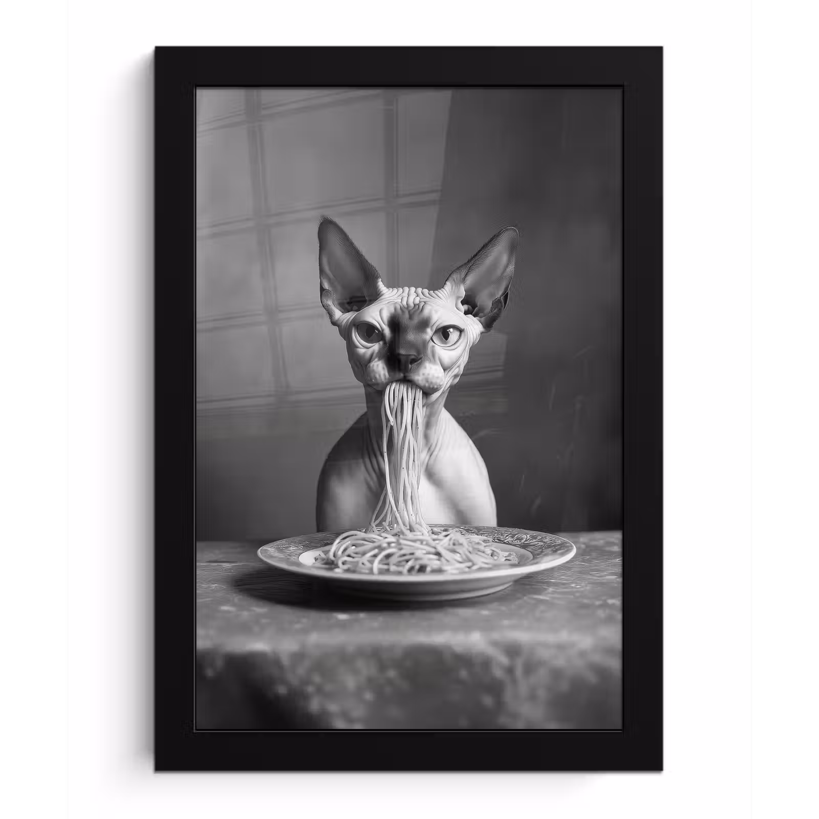 Poster met lijst - Sphynx - Kat - Dieren - Humor - Spaghetti - Zwart Wit — 1