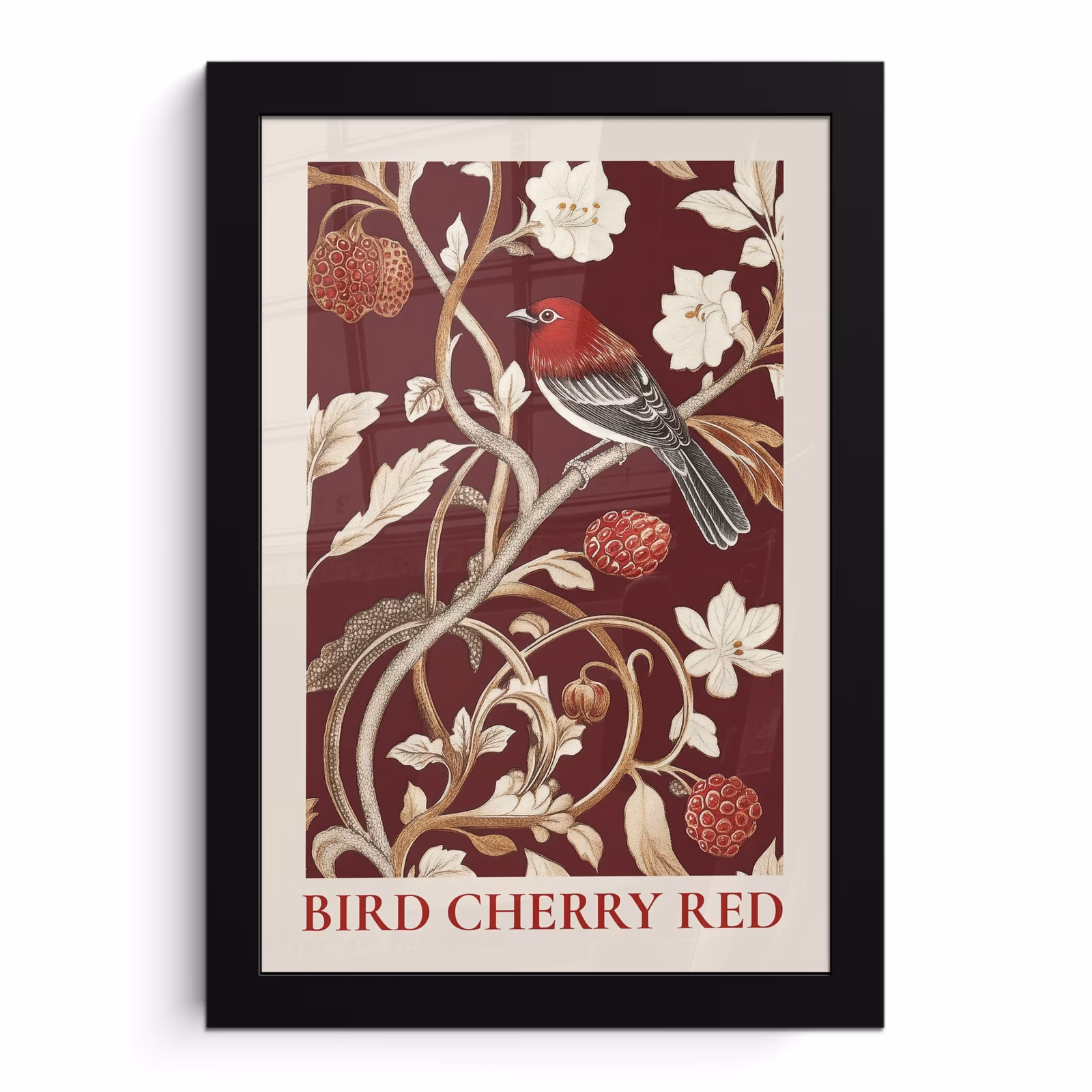 Poster met lijst - Vogel - Bordeaux - Bloemen - Bessen — 1
