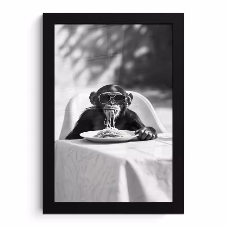 Poster met lijst - Chimpansee met Zonnebril Spaghetti Zwart Wit
