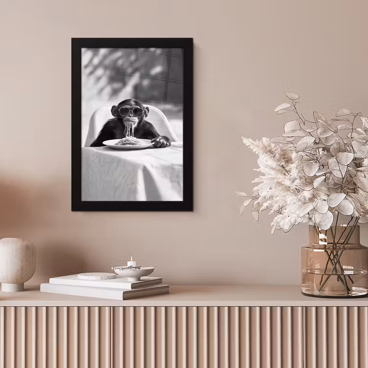 Poster met lijst - Chimpansee met Zonnebril Spaghetti Zwart Wit — 5