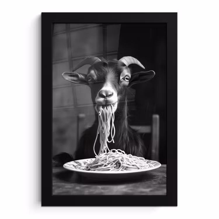 Poster met lijst - Geit Spaghetti Eten Zwart Wit