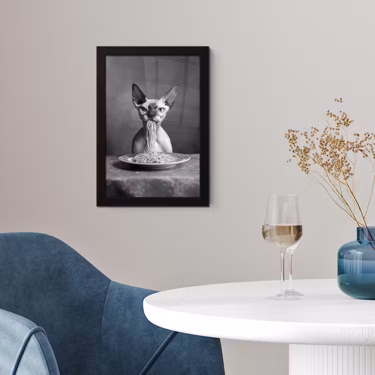 Poster met lijst - Sphynx - Kat - Dieren - Humor - Spaghetti - Zwart Wit — 4
