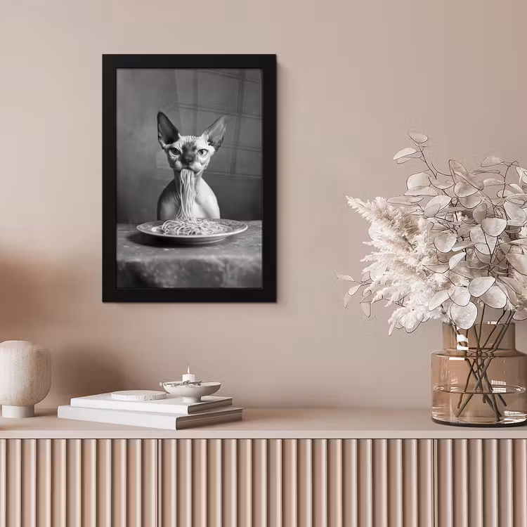 Poster met lijst - Sphynx - Kat - Dieren - Humor - Spaghetti - Zwart Wit — 5