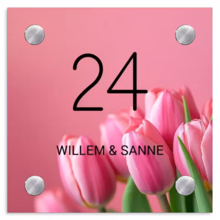 Naambordje voordeur - Vierkant - Roze tulpen - Klassiek — 1