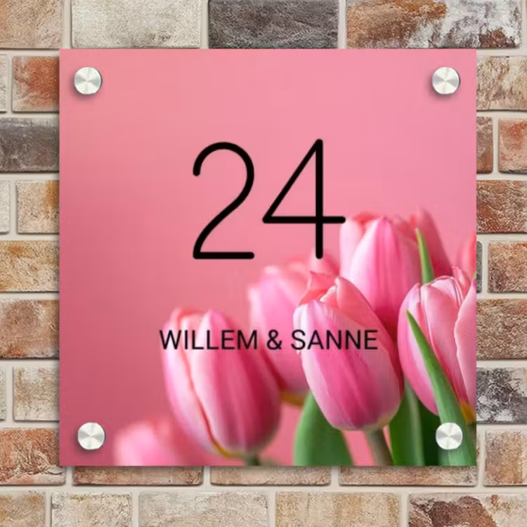 Naambordje voordeur - Vierkant - Roze tulpen - Klassiek — 4