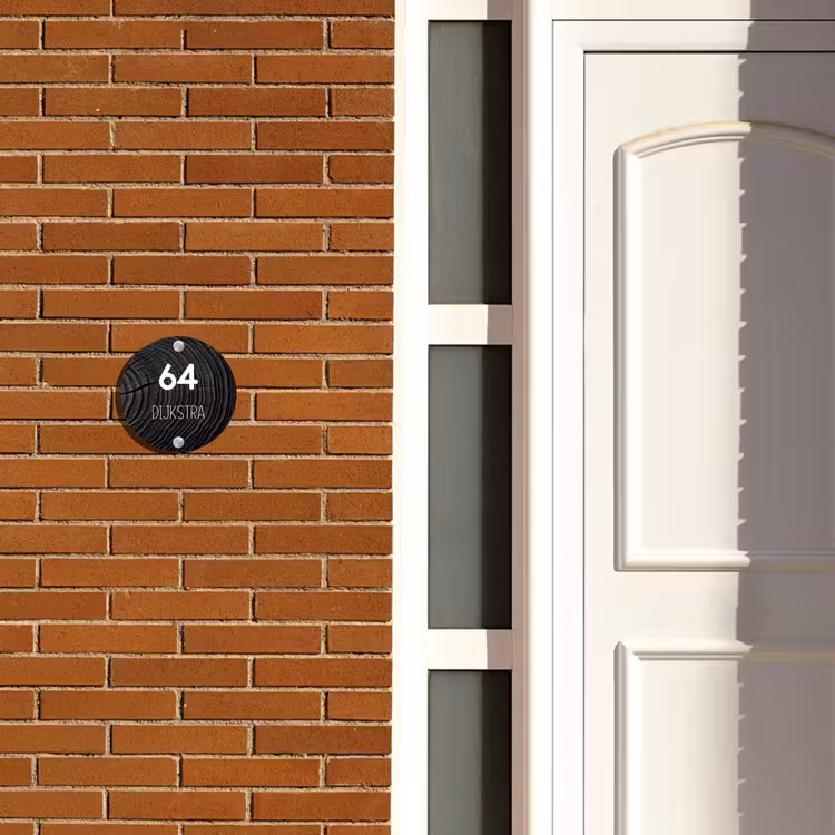 Naambordje voordeur - Rond - Zwarte houten nerf - Modern — 3