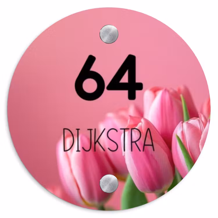 Naambordje voordeur - Rond - Roze tulpen - Modern — 1