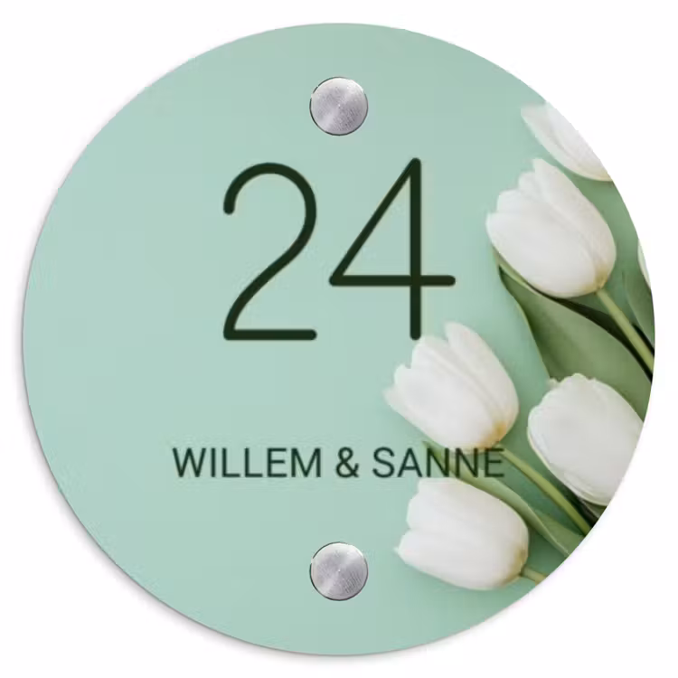 Naambordje voordeur - Rond - Witte tulpen - Klassiek — 1