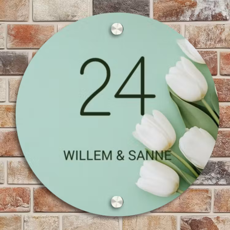 Naambordje voordeur - Rond - Witte tulpen - Klassiek — 4