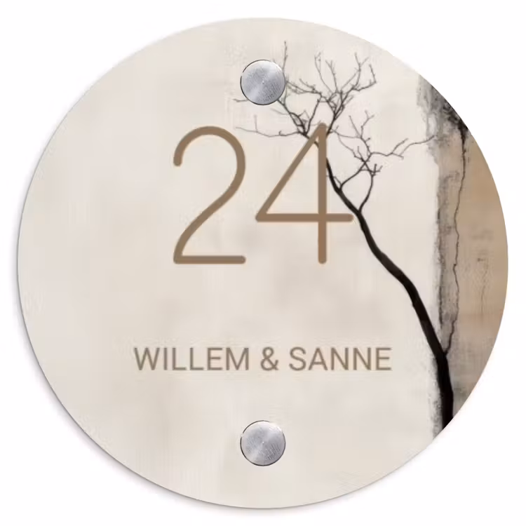 Naambordje voordeur - Rond - Boomsilhouet beige achtergrond - Klassiek — 1
