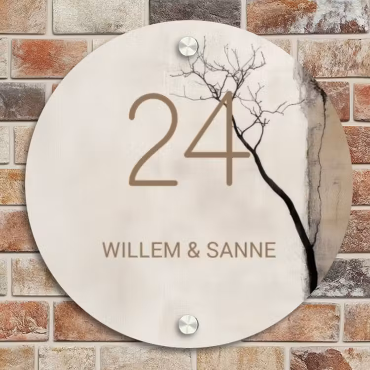 Naambordje voordeur - Rond - Boomsilhouet beige achtergrond - Klassiek — 4