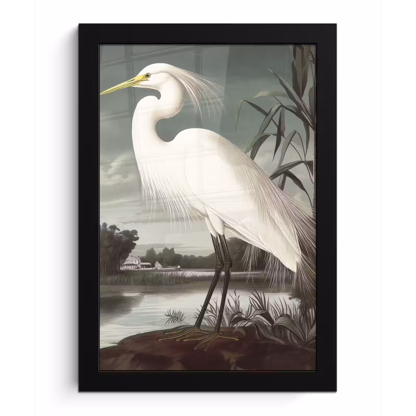 Poster met lijst - Reiger - Planten - Wolken - Wit — 1