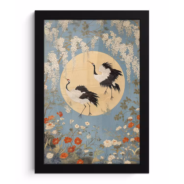 Poster met lijst - Kraanvogels - Maan - Bloemen - Blauw — 1
