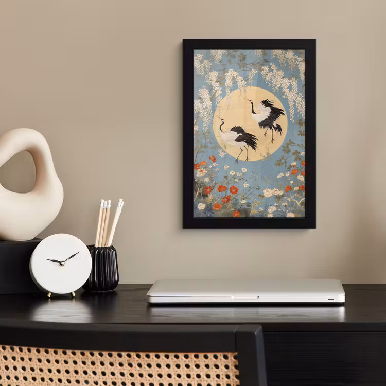 Poster met lijst - Kraanvogels - Maan - Bloemen - Blauw — 2