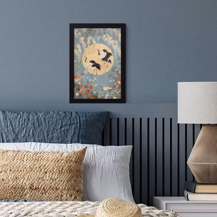 Poster met lijst - Kraanvogels - Maan - Bloemen - Blauw — 3