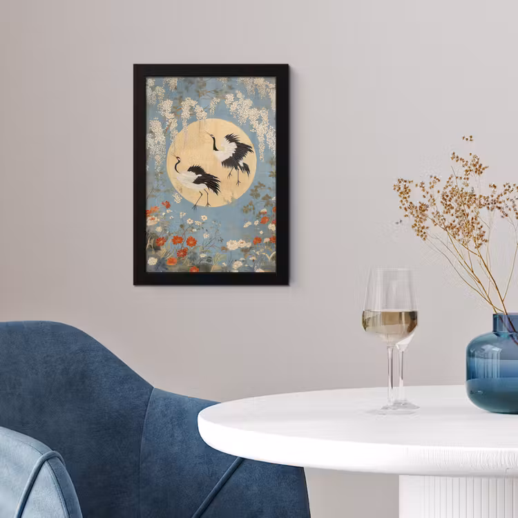 Poster met lijst - Kraanvogels - Maan - Bloemen - Blauw — 4
