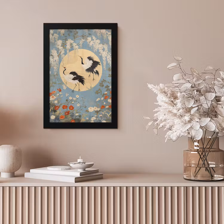 Poster met lijst - Kraanvogels - Maan - Bloemen - Blauw — 5