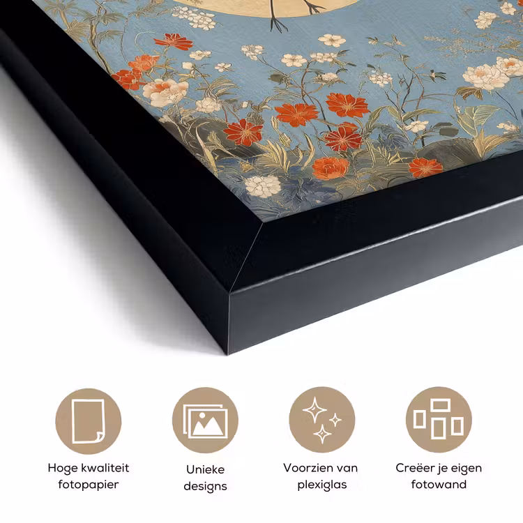 Poster met lijst - Kraanvogels - Maan - Bloemen - Blauw — 6
