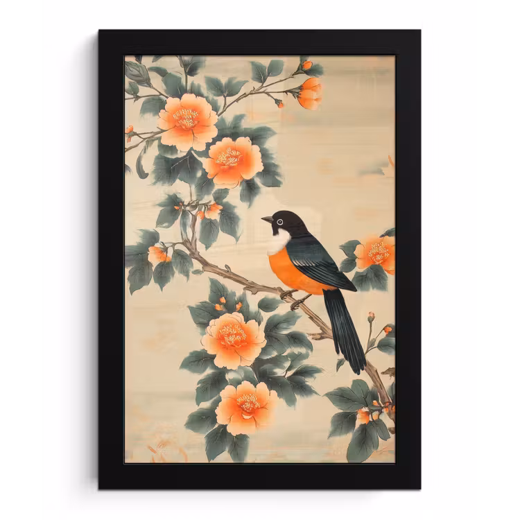 Poster met lijst - Vogel - Tak - Bloemen - Oranje — 1