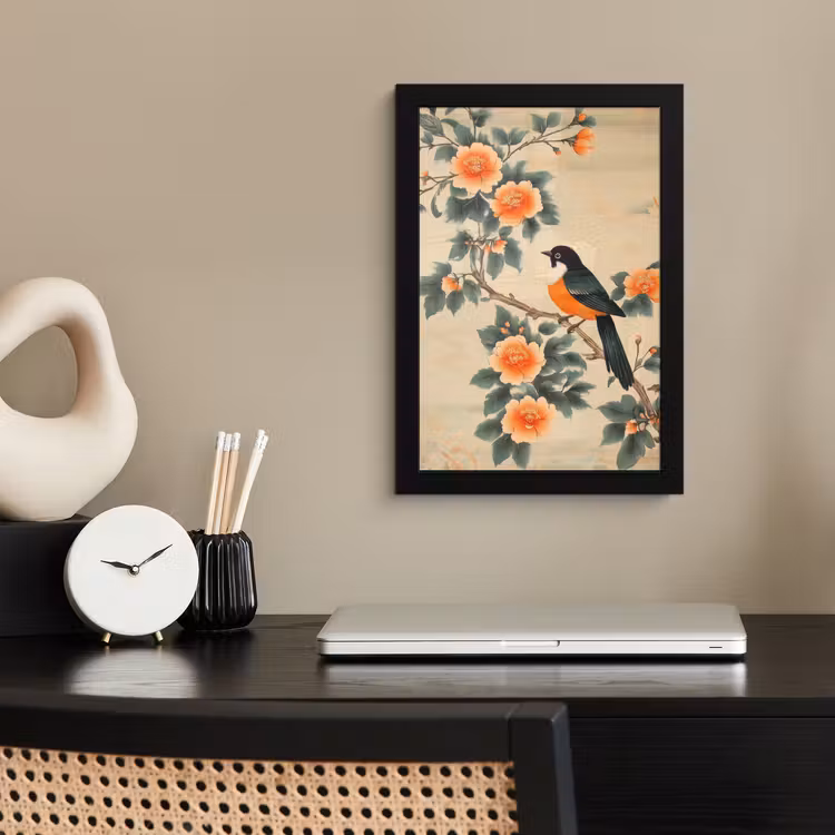Poster met lijst - Vogel - Tak - Bloemen - Oranje — 2
