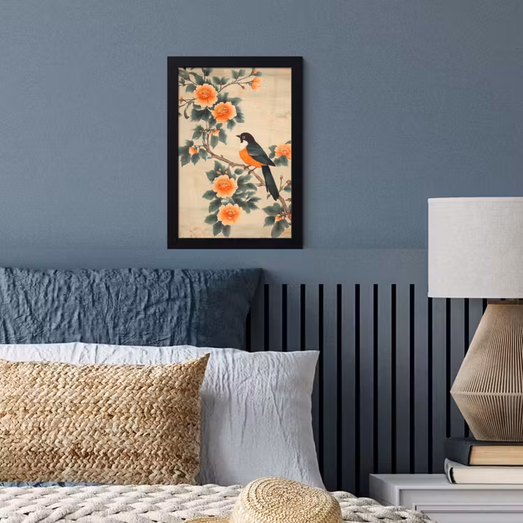 Poster met lijst - Vogel - Tak - Bloemen - Oranje — 3