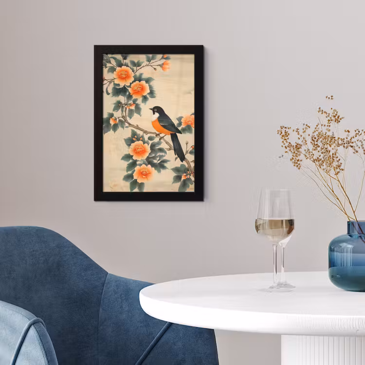 Poster met lijst - Vogel - Tak - Bloemen - Oranje — 4
