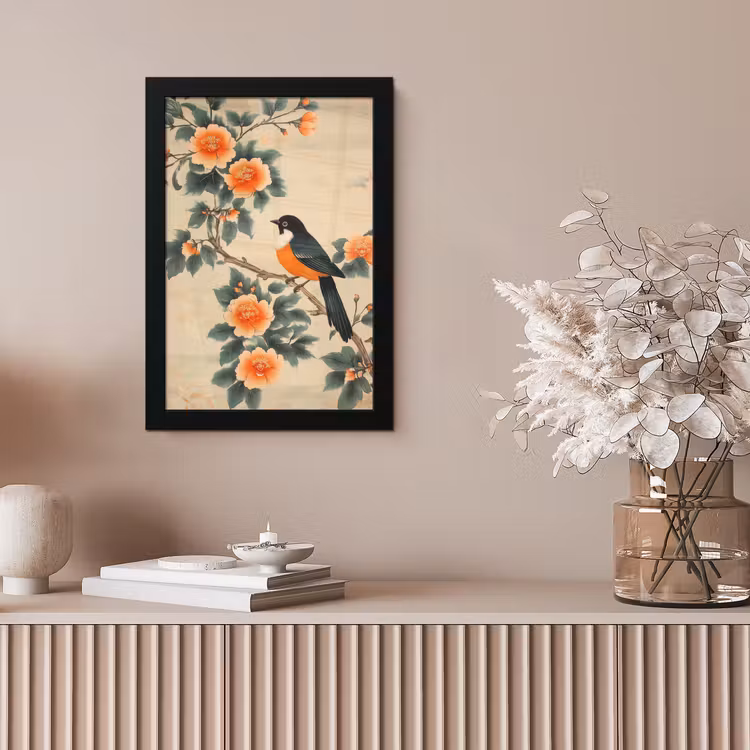 Poster met lijst - Vogel - Tak - Bloemen - Oranje — 5
