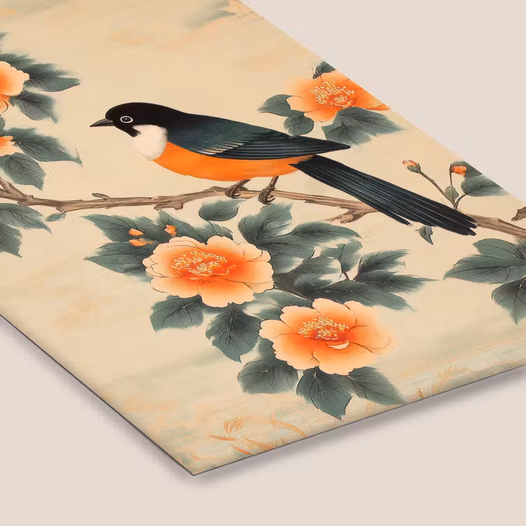 Poster met lijst - Vogel - Tak - Bloemen - Oranje — 7