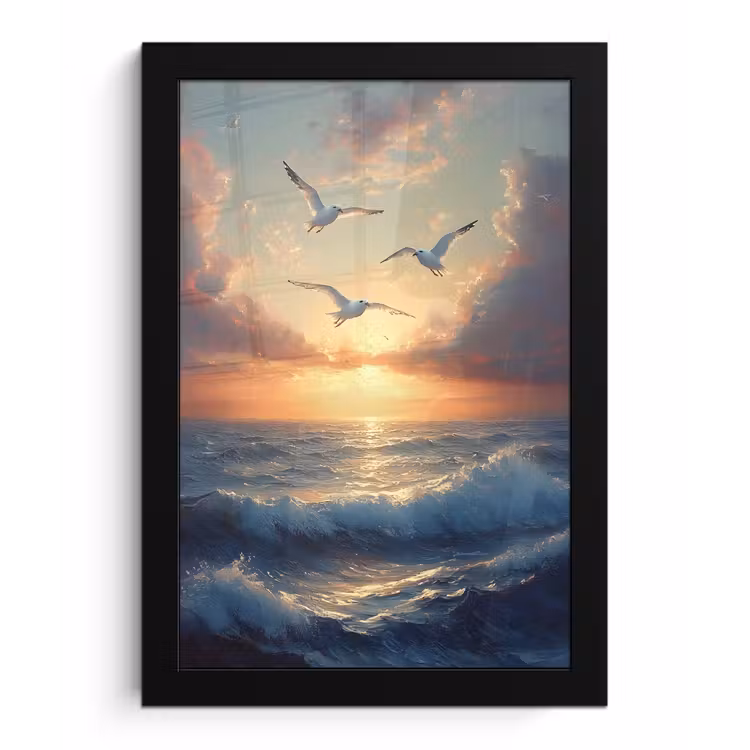 Poster met lijst - Meeuwen - Zonsondergang - Zee - Wolken — 1