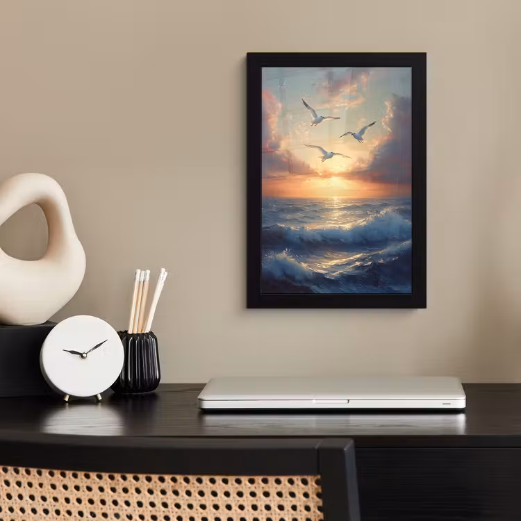 Poster met lijst - Meeuwen - Zonsondergang - Zee - Wolken — 2
