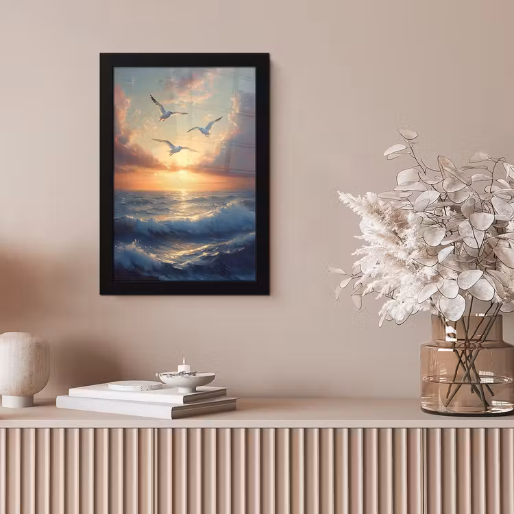 Poster met lijst - Meeuwen - Zonsondergang - Zee - Wolken — 5