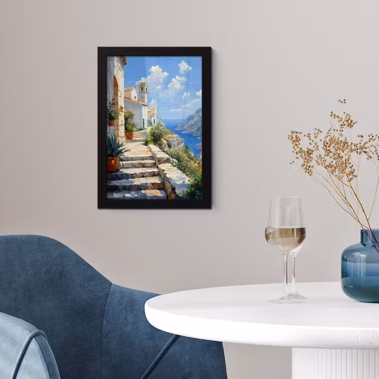 Poster met lijst - Trap - Huizen - Berglandschap - Zee — 4